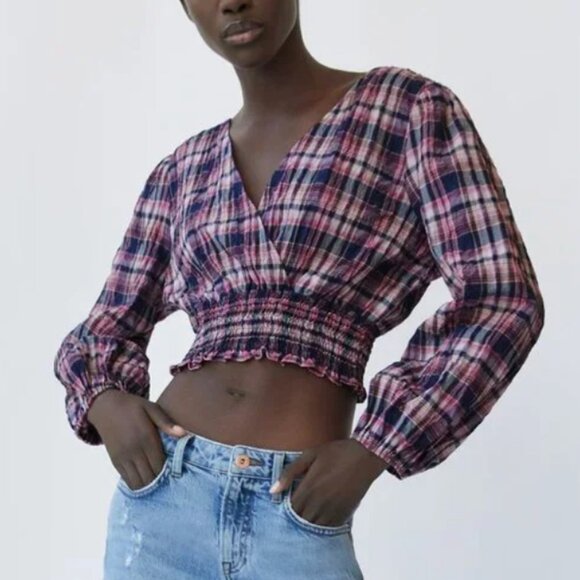 NWT Zara Women's Size Medium Multicolor Long Sleeve Gingham Crop Top - Picture 1 of 5